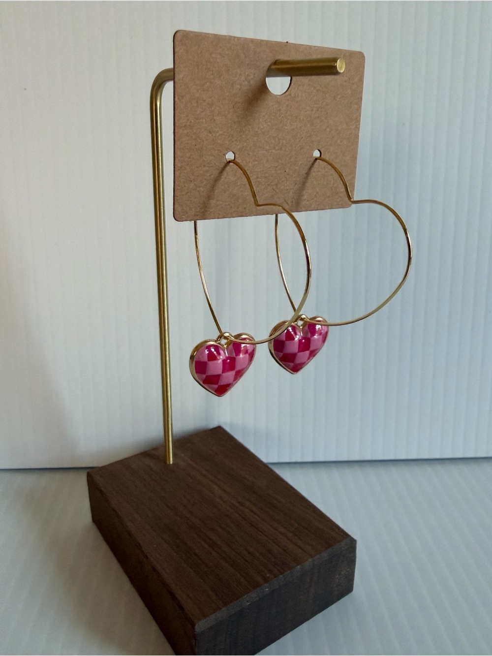 Gold Heart Hoop Earrings with Pink Checkerboard Heart Charms